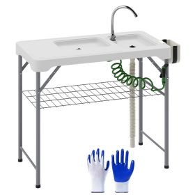 Outsunny Folding Fish Cleaning Table with Sinks, Portable Camping Sink Table with Faucet, Drainage Hose, Sprayer, Shelf, Drawer and Storage Basket